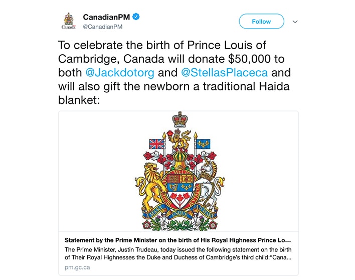 The Government of Canada donates $50,000 to Jack.org to celebrate the birth of Prince Louis.